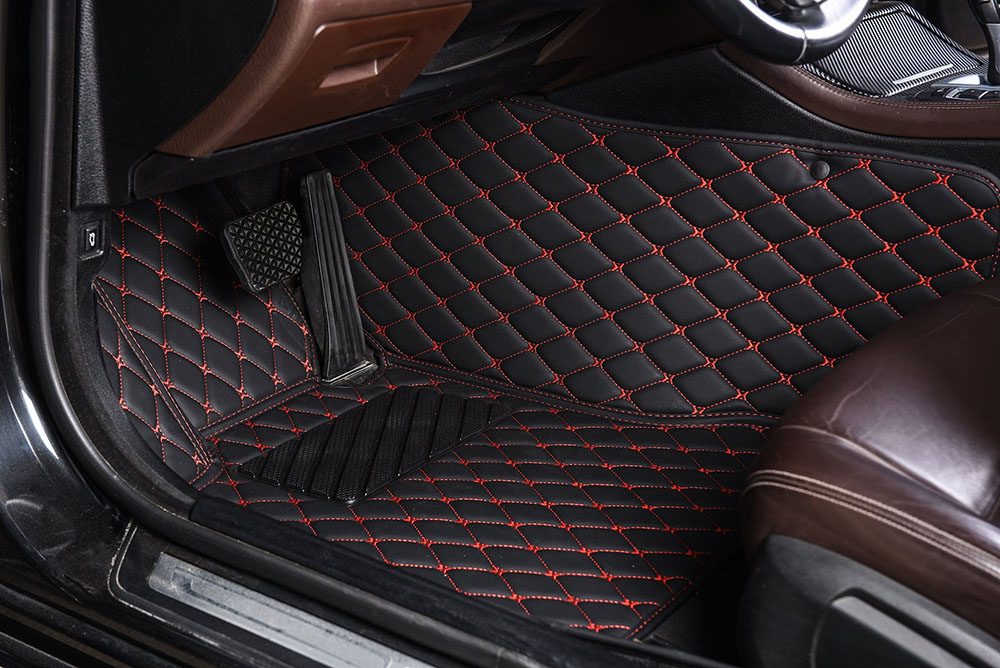 Black and Red Stitching Luxury Leather Diamond Car Mats Canada